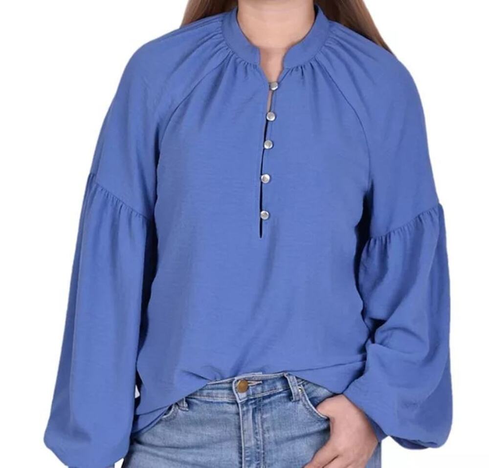 NY Collection Balloon Sleeve Peasant Blue Blouse Plus Size 2X (18/20)